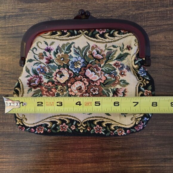 Vintage Floral Needlepoint Clutch Purse With Maroon Frame & Kiss Lock Closure - Picture 7 of 8